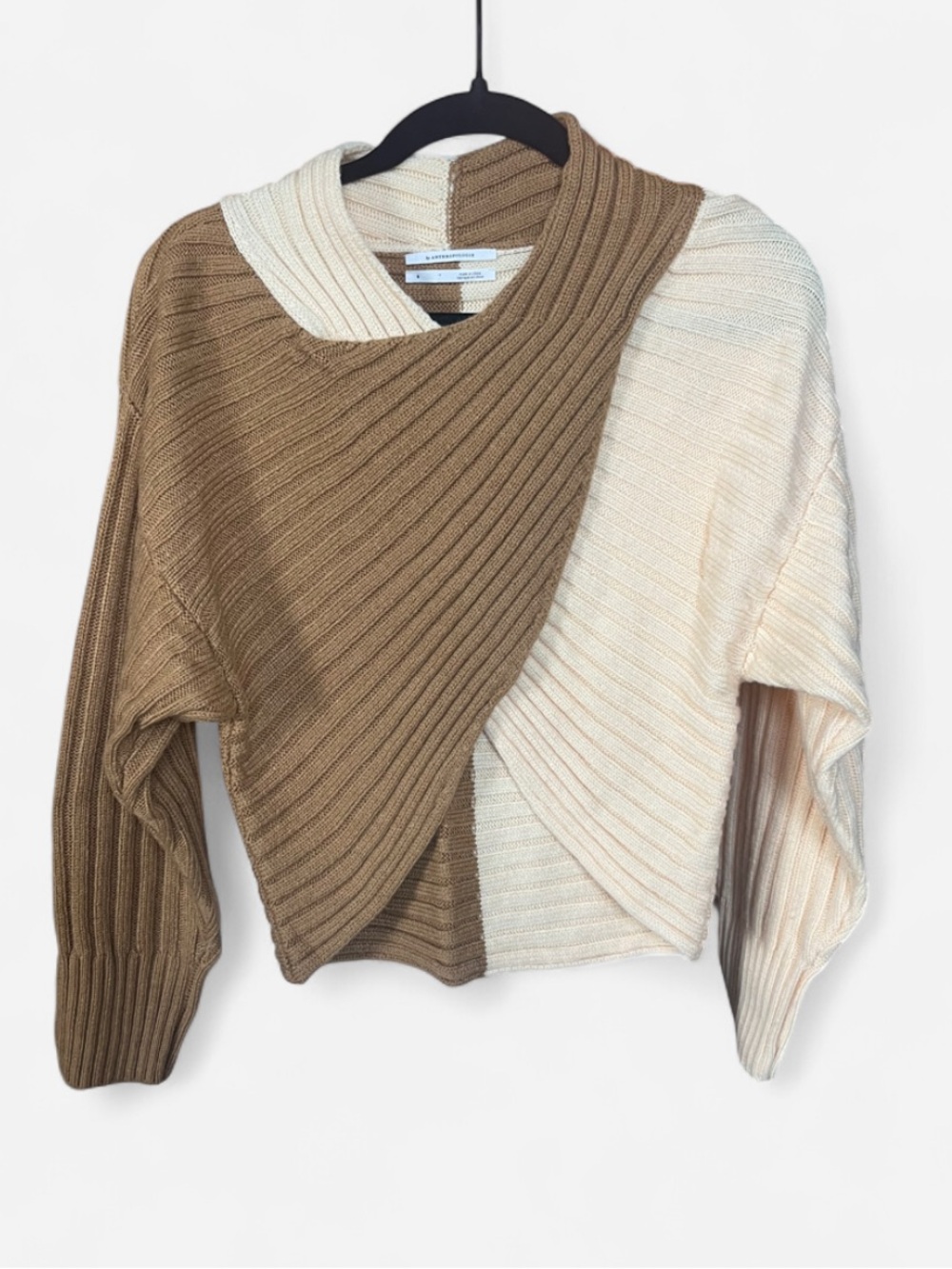 Anthropologie Two-Tone Ribbed Crossover Sweater - Brown & Cream